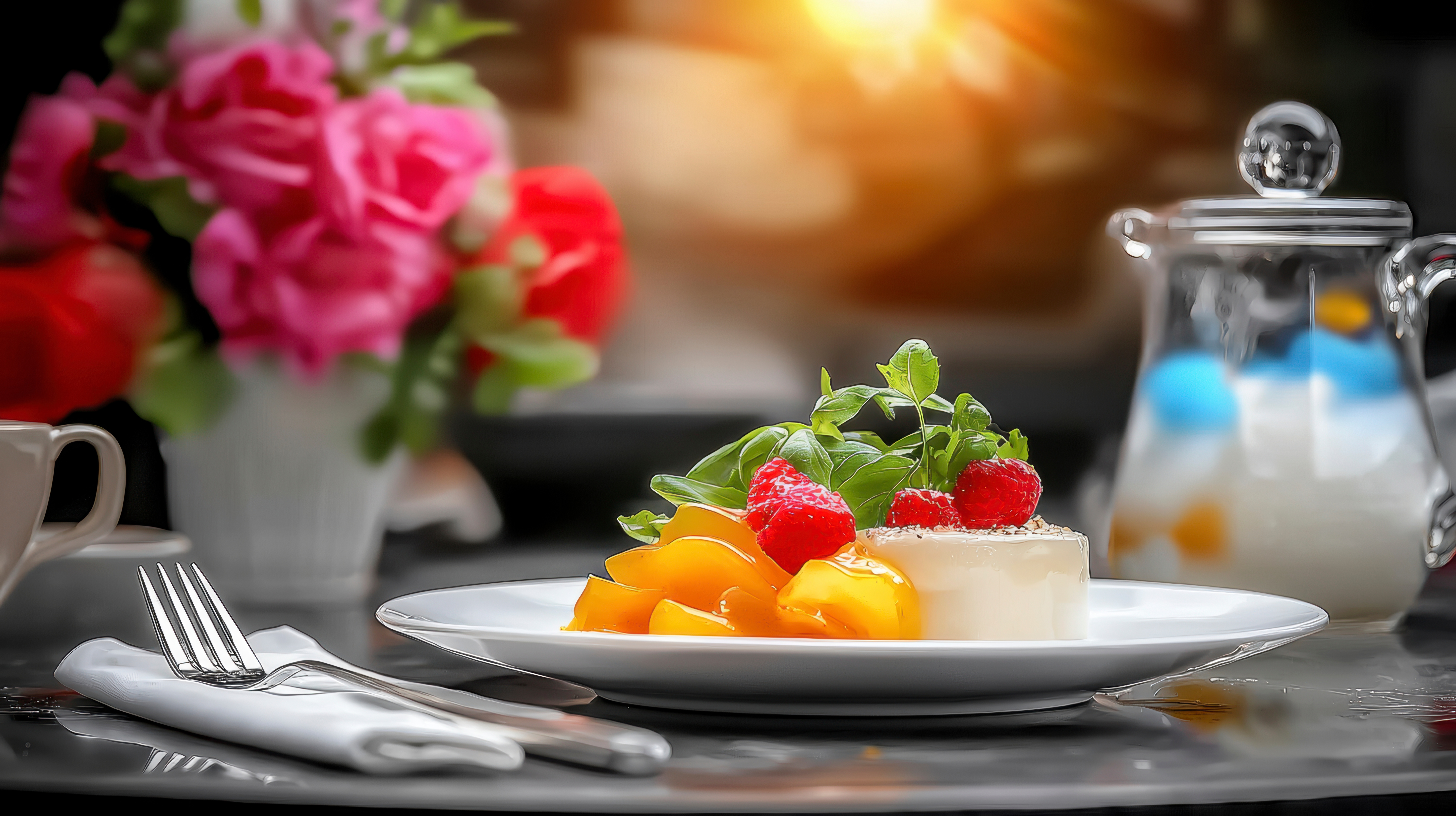 Delicious dessert features creamy panna cotta with fresh raspberries, peaches and basil garnish on elegant plate. summerlicious 2025